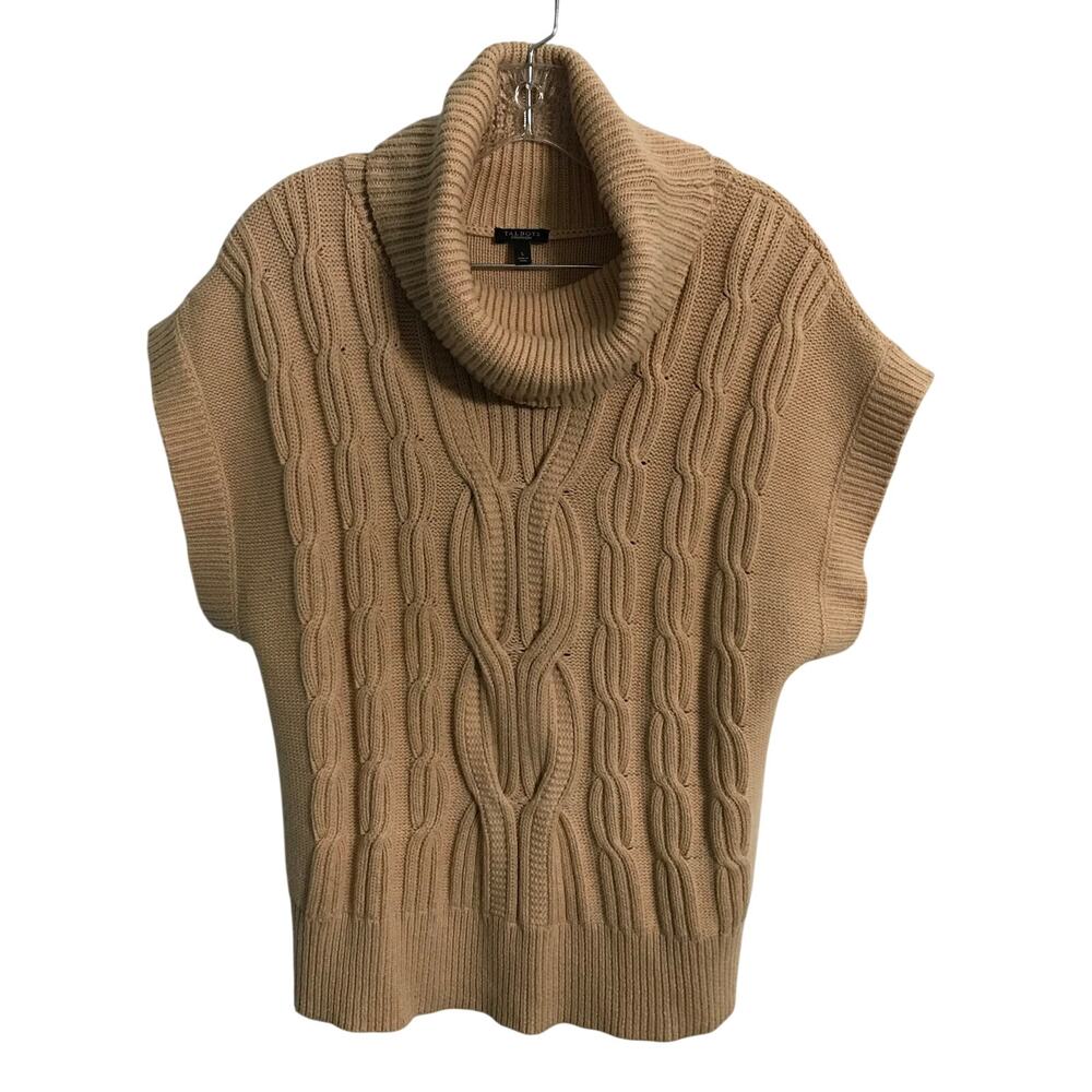 Talbots Sweater Large Womens Wool Blend Sleeveless Tan Cableknit Cowl Neck L